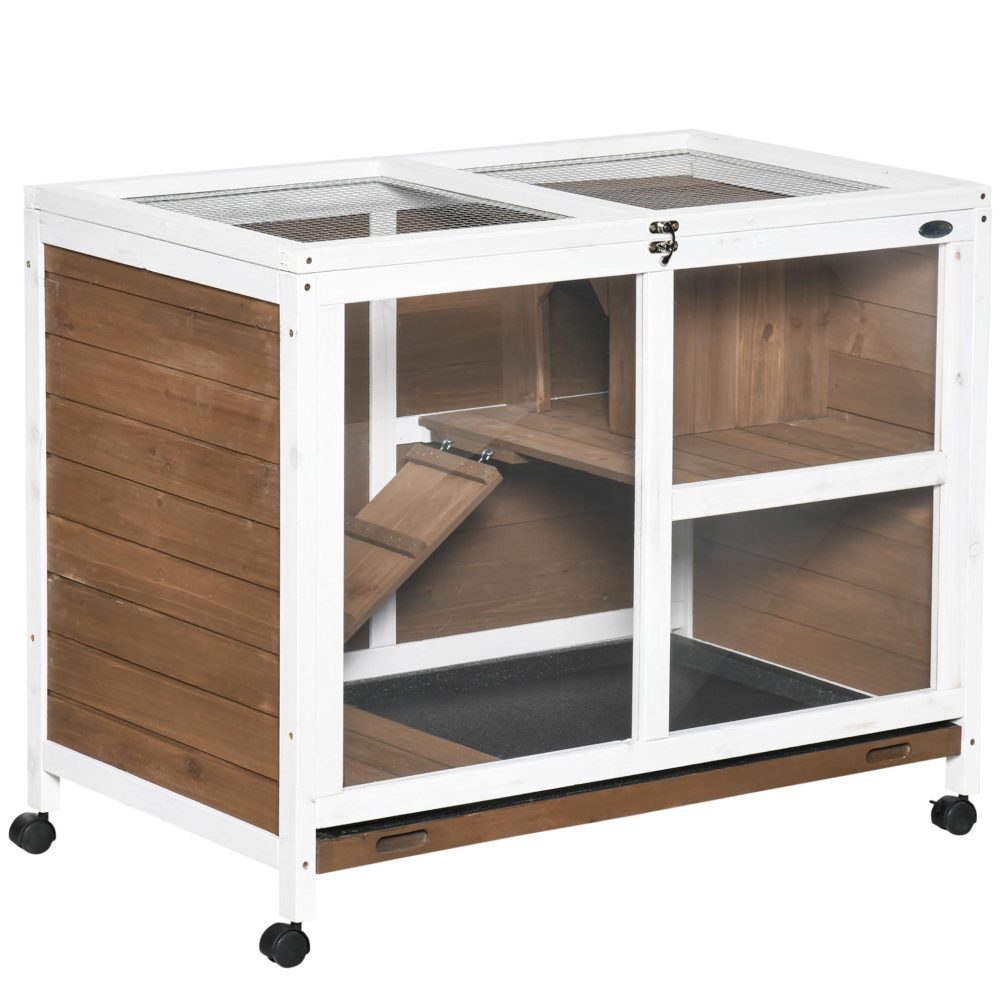 Clapier à lapin sur roulettes cage à lapin 2 niveaux toit ouvrant verrouillable plateau déjection coulissant rampe niche bois de sapin marron blanc – PAWHUT